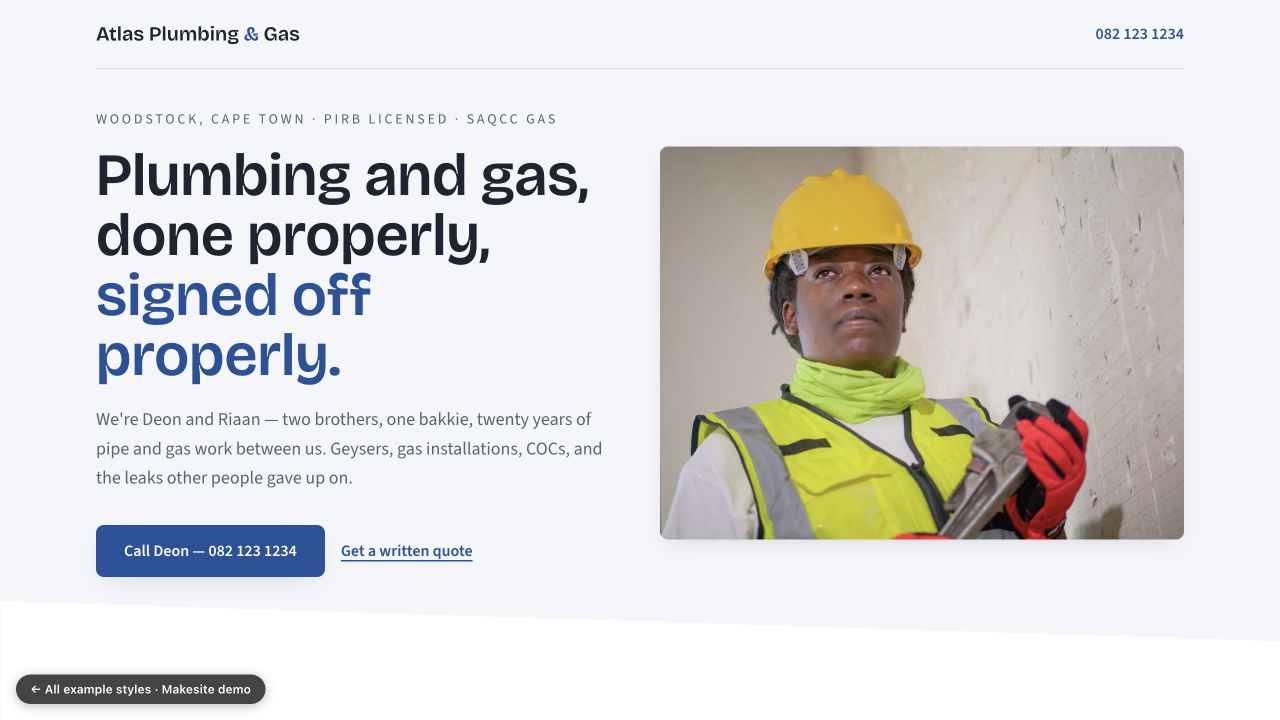 A rendered plumbing business website demo