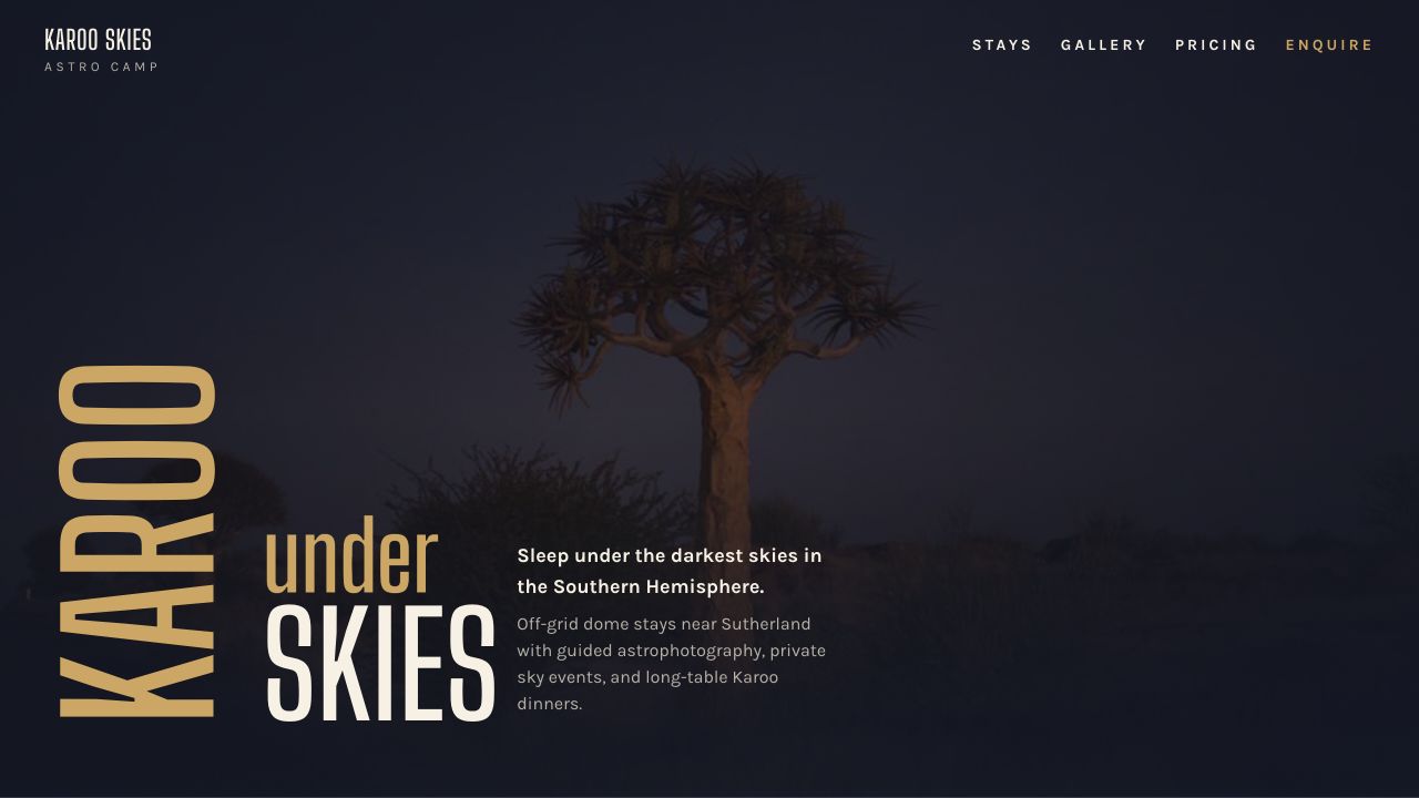 Karoo Skies Astro Camp, a dark editorial website built as a Makesite test
