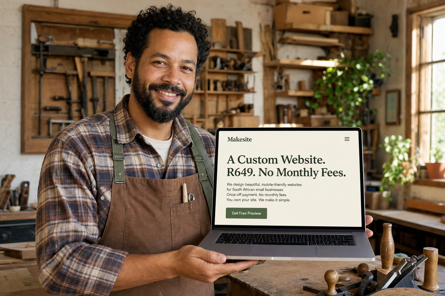 A woodworker in his workshop, wearing a green apron, holding an open laptop