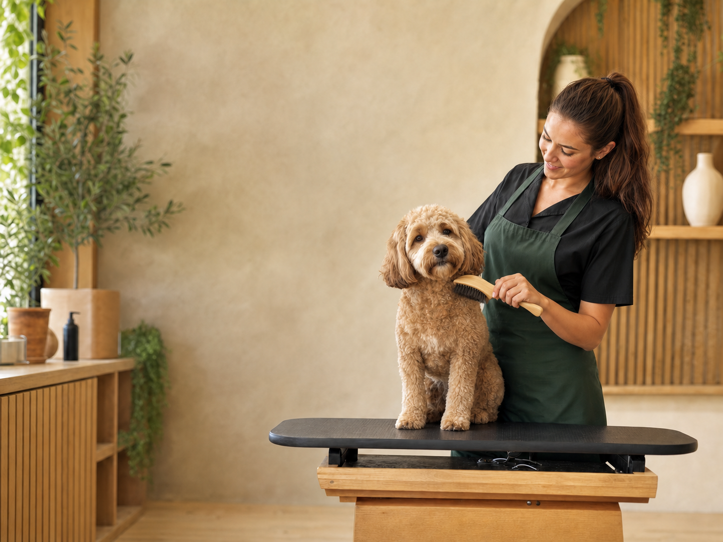 Fictional groomer brushing a curly-haired dog in a calm studio